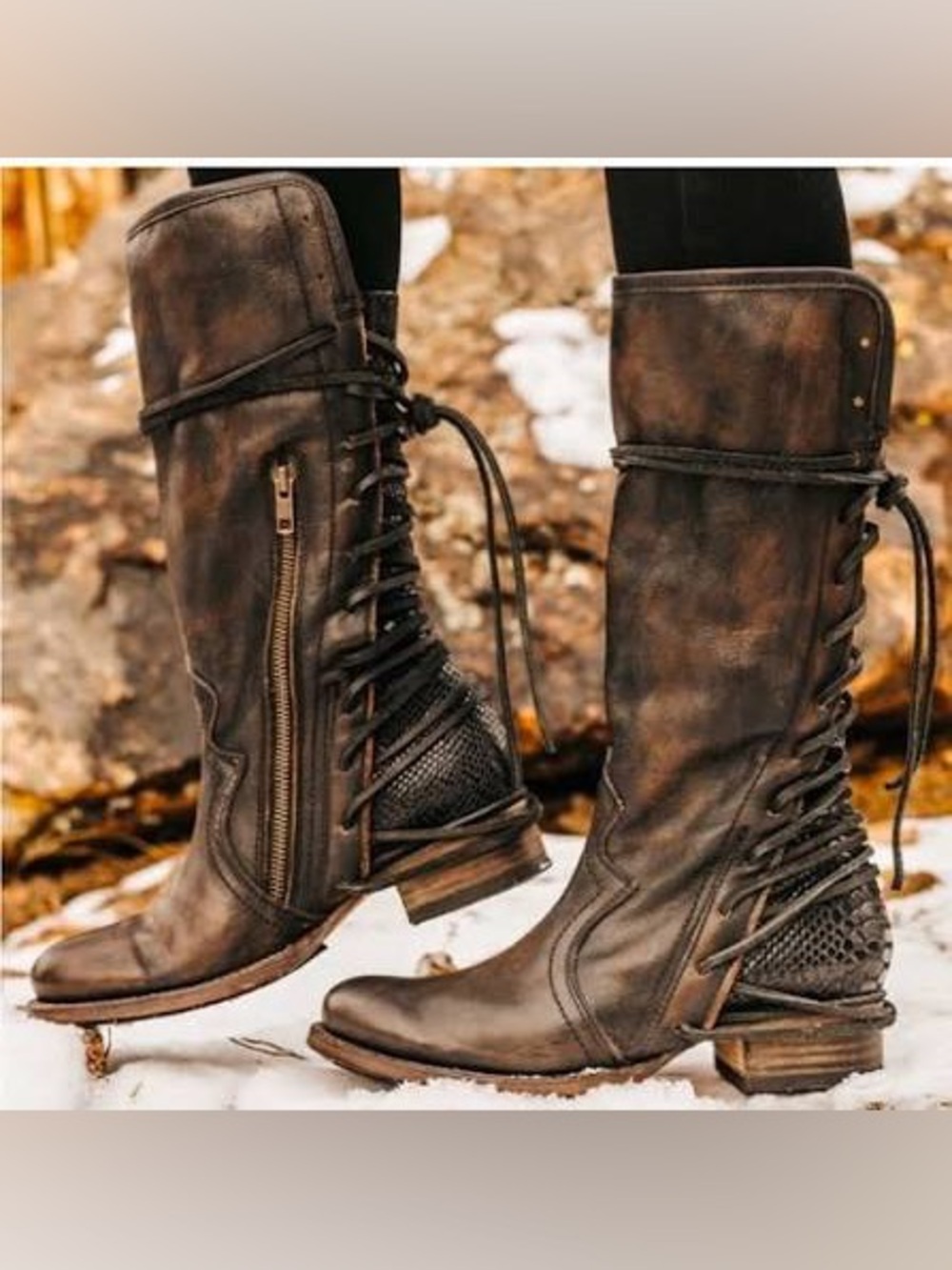 Freebird by Steven - Diamond Distressed Black Lace-Up Mid-Calf Boots Size 9
